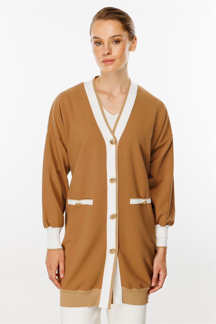 Ribanalı Düğme Detaylı Hırka-VİZON