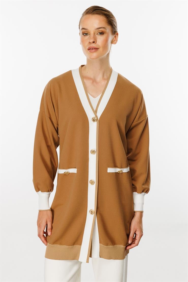 Ribanalı Düğme Detaylı Hırka-VİZON