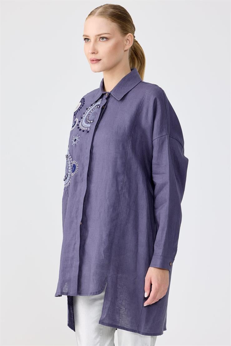 Robası İşlemeli Gömlek İNDİGO