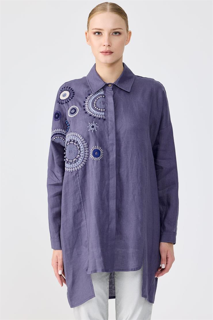 Robası İşlemeli Gömlek İNDİGO