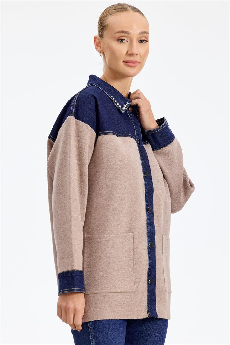 Robası Kot Detaylı Taşlı Ceket BEJ