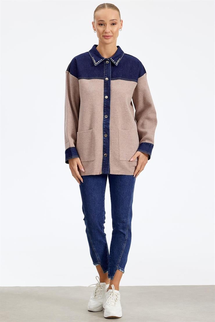 Robası Kot Detaylı Taşlı Ceket BEJ