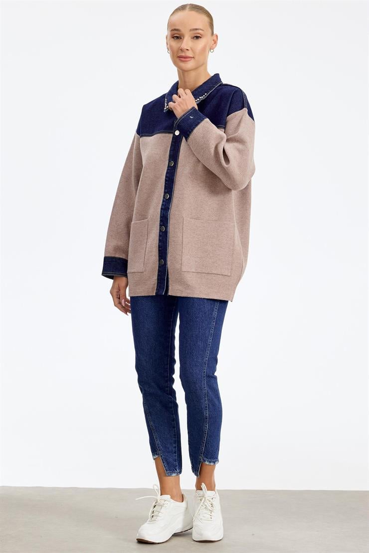 Robası Kot Detaylı Taşlı Ceket BEJ