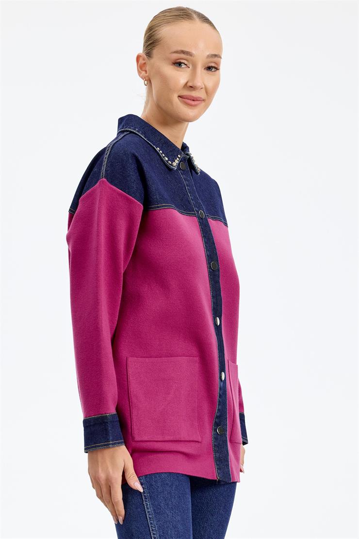 Robası Kot Detaylı Taşlı Ceket FUŞYA