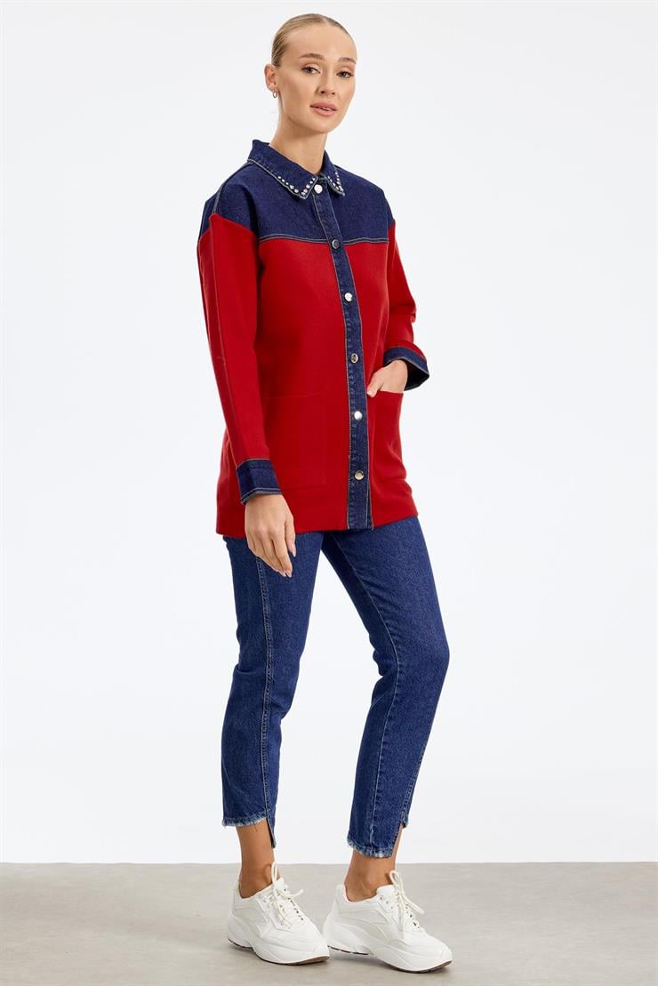 Robası Kot Detaylı Taşlı Ceket KIRMIZI