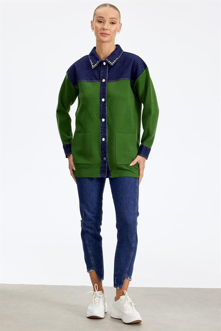 Robası Kot Detaylı Taşlı Ceket YEŞİL