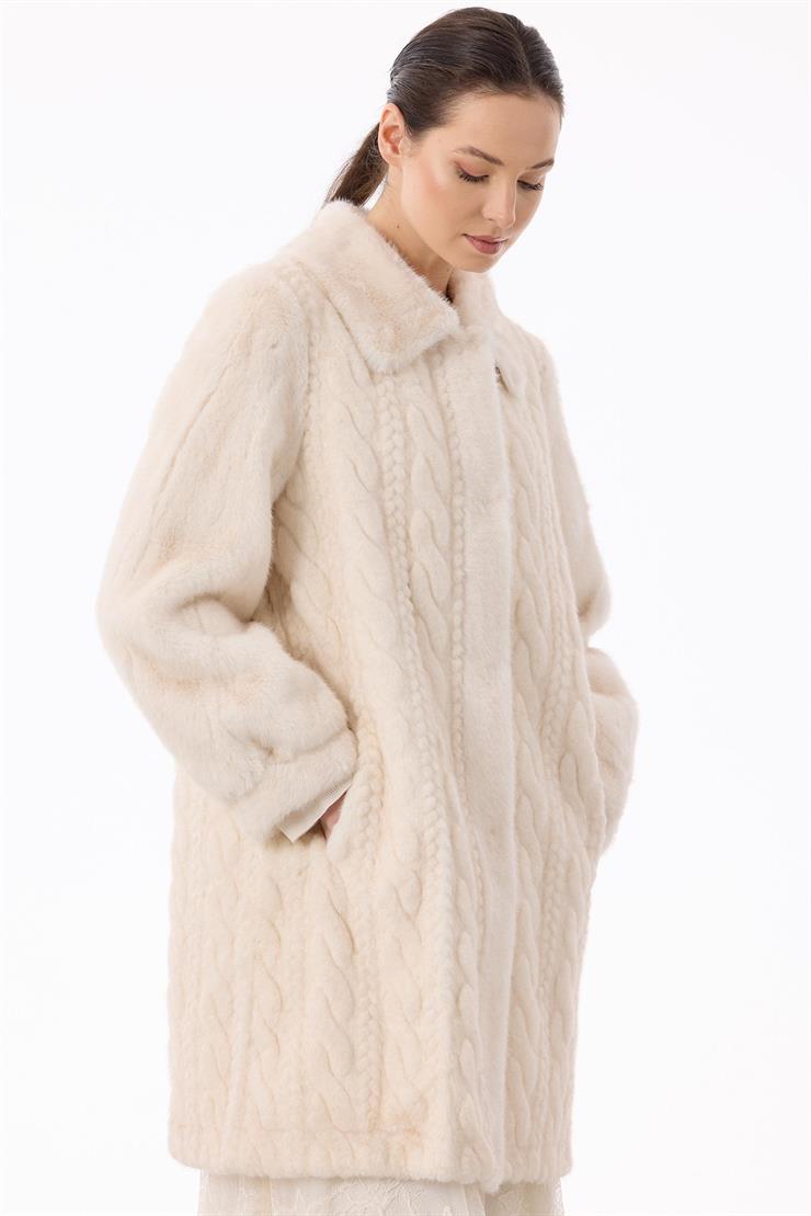 Saç Örgülü Kürk Kaban EKRU