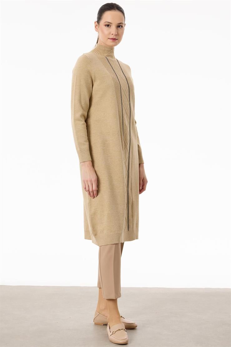 Saç Örgülü Taşlı Triko Elbise CAMEL