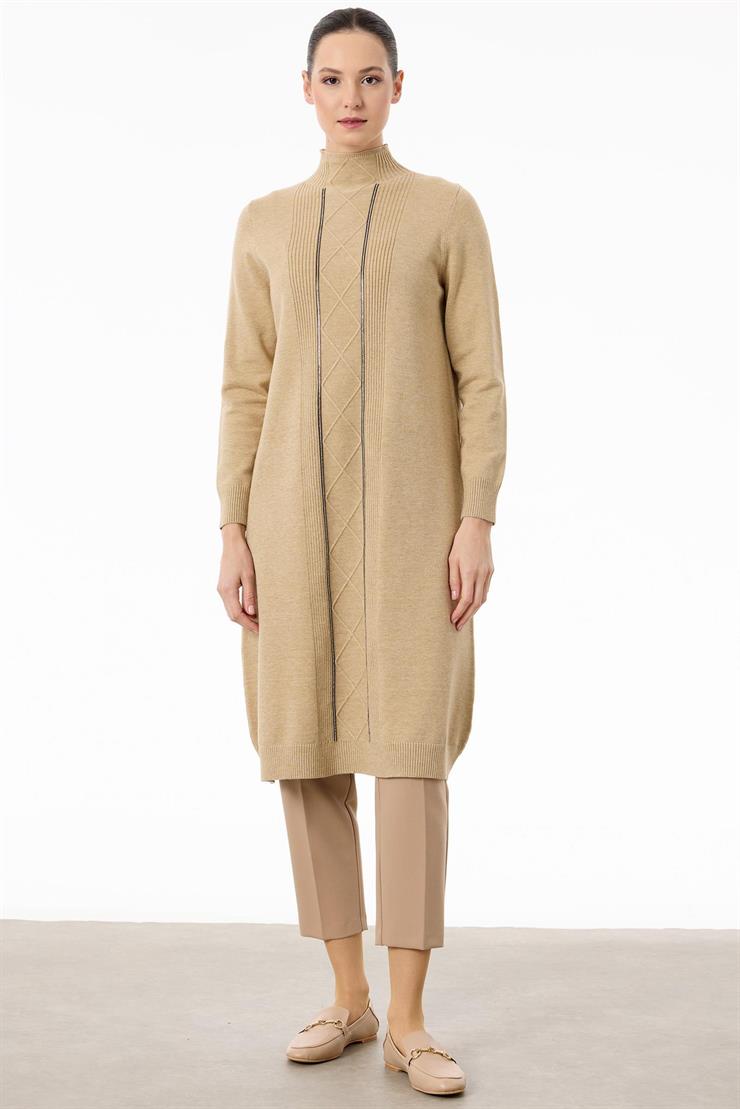 Saç Örgülü Taşlı Triko Elbise CAMEL