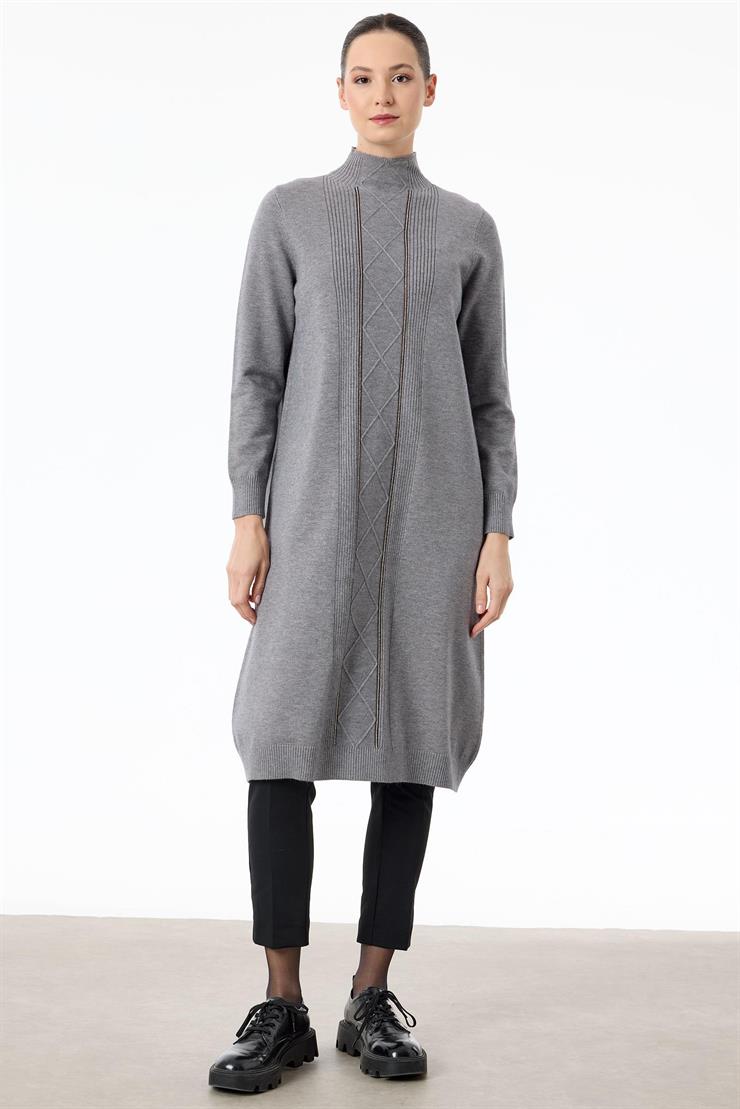 Saç Örgülü Taşlı Triko Elbise GRİ