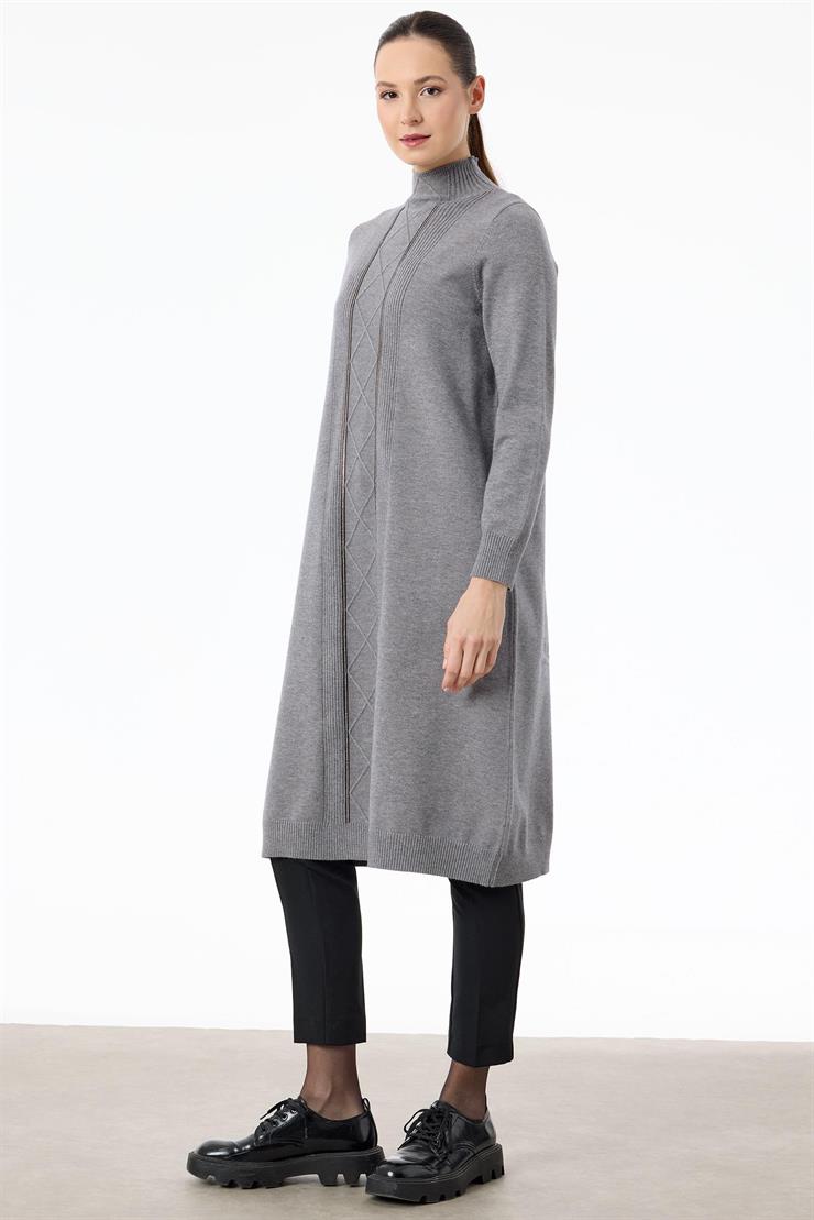 Saç Örgülü Taşlı Triko Elbise GRİ