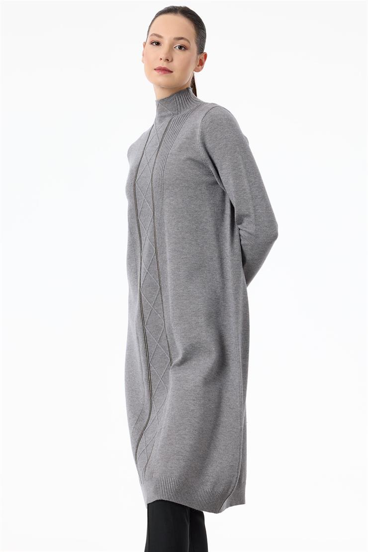 Saç Örgülü Taşlı Triko Elbise GRİ