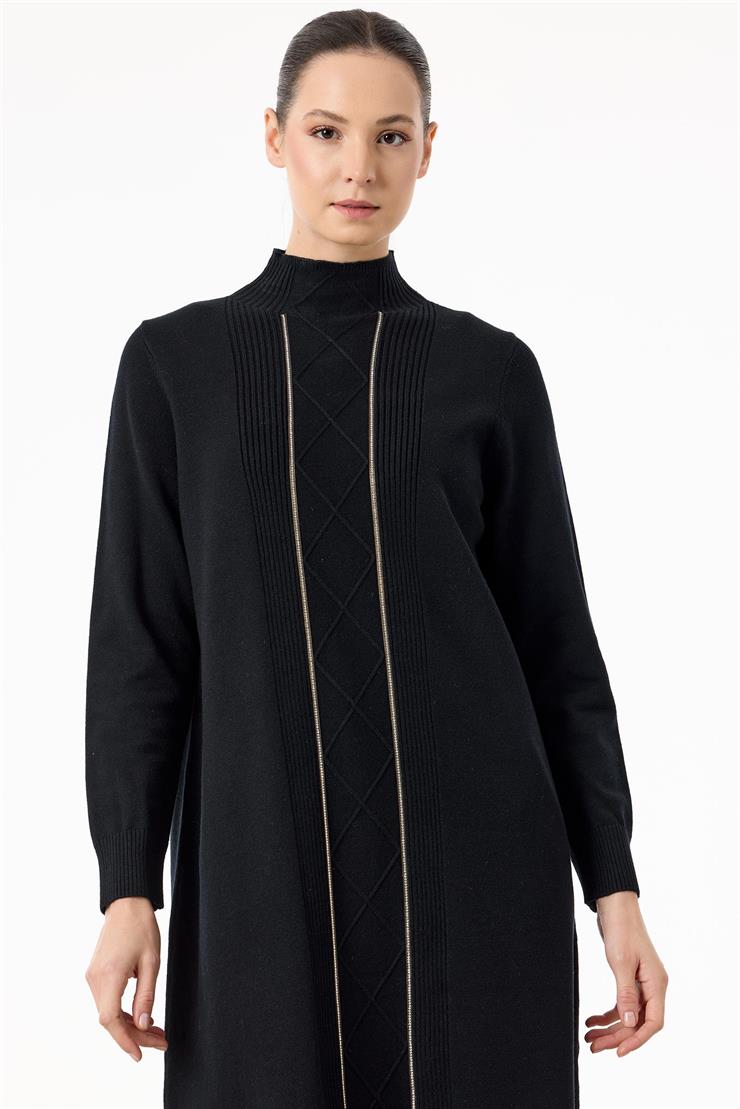 Saç Örgülü Taşlı Triko Elbise SİYAH