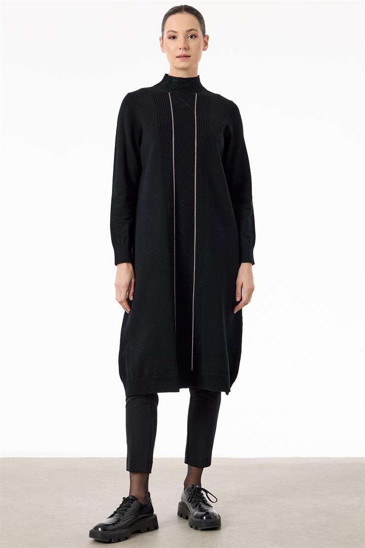 Saç Örgülü Taşlı Triko Elbise SİYAH