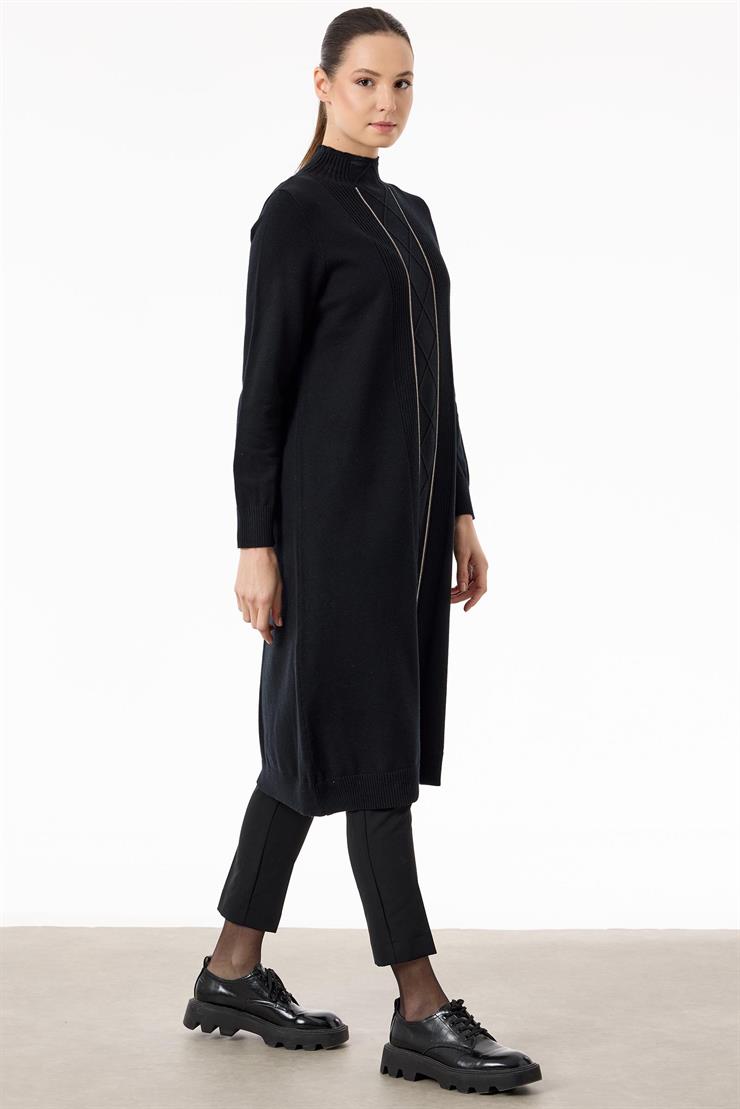 Saç Örgülü Taşlı Triko Elbise SİYAH