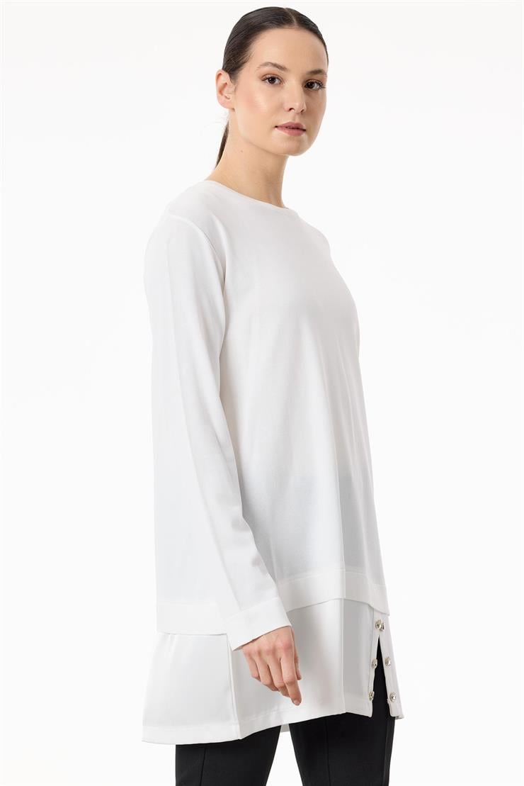 Saten Kumaş Detaylı Triko  Tunik EKRU