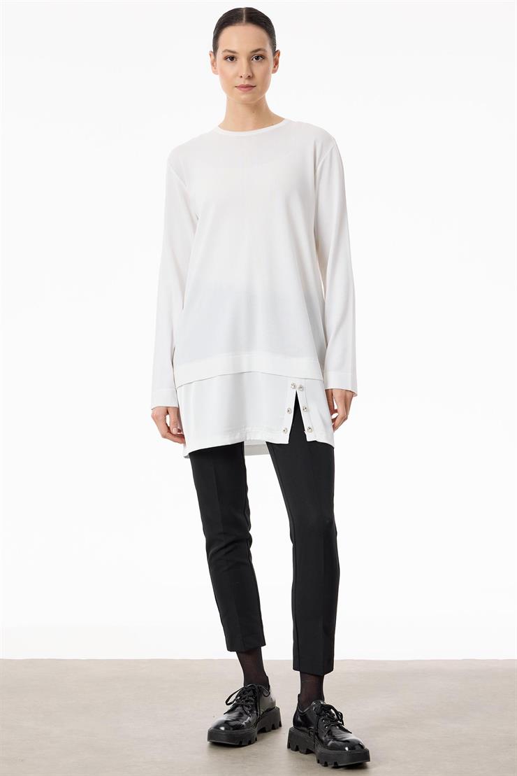 Saten Kumaş Detaylı Triko  Tunik EKRU