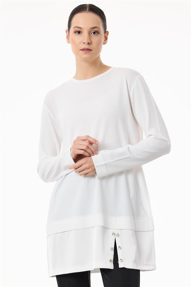 Saten Kumaş Detaylı Triko  Tunik EKRU