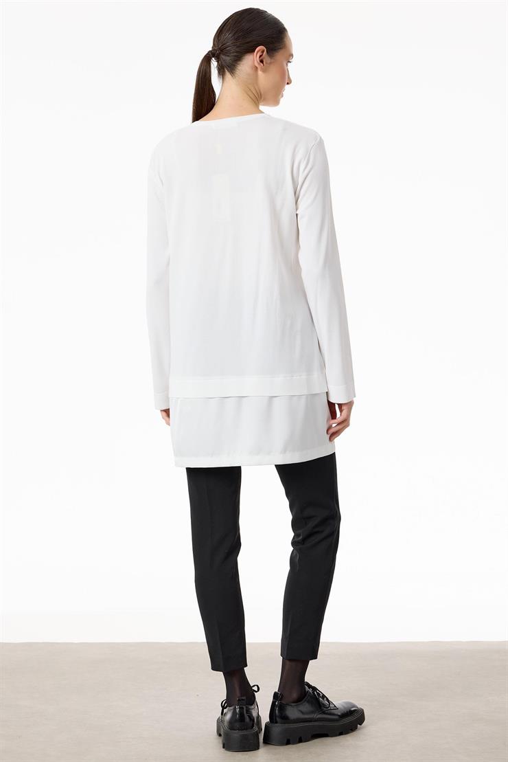 Saten Kumaş Detaylı Triko  Tunik EKRU