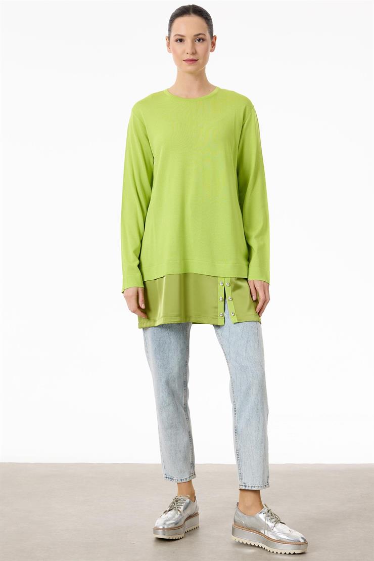 Saten Kumaş Detaylı Triko  Tunik NEON SARI-36