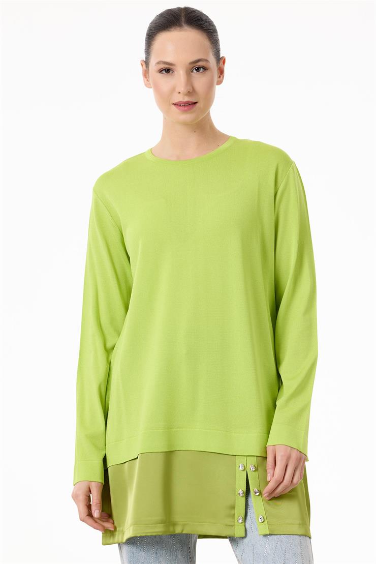Saten Kumaş Detaylı Triko  Tunik NEON SARI-36