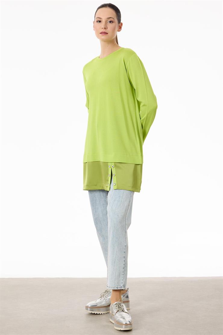 Saten Kumaş Detaylı Triko  Tunik NEON SARI-36