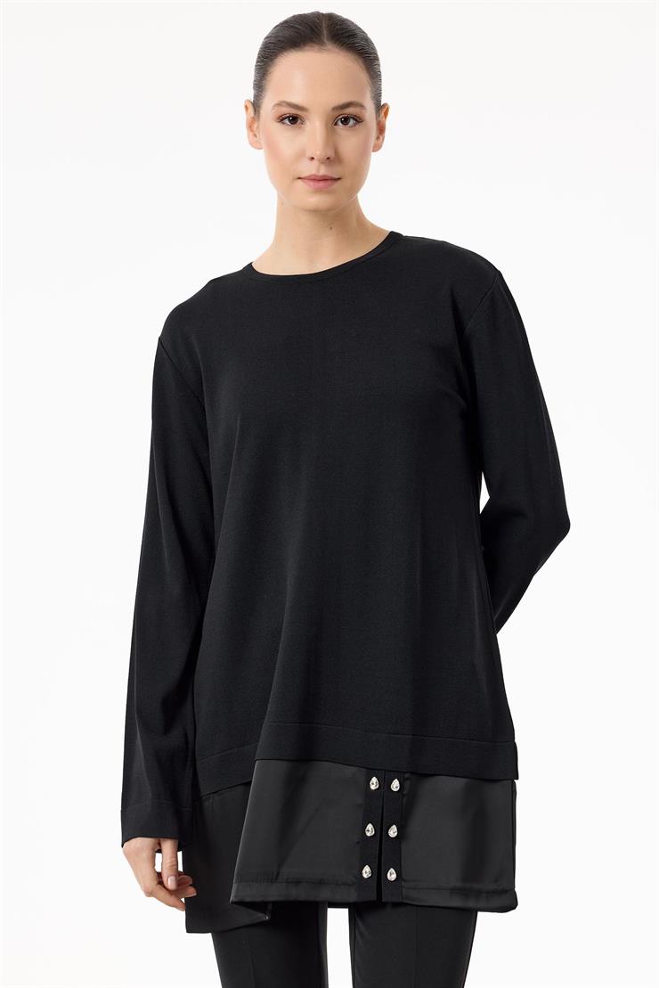 Saten Kumaş Detaylı Triko  Tunik SİYAH