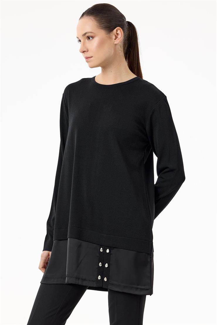 Saten Kumaş Detaylı Triko  Tunik SİYAH