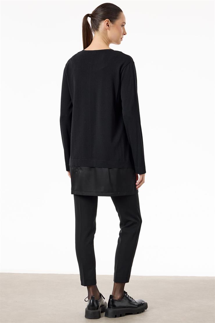 Saten Kumaş Detaylı Triko  Tunik SİYAH