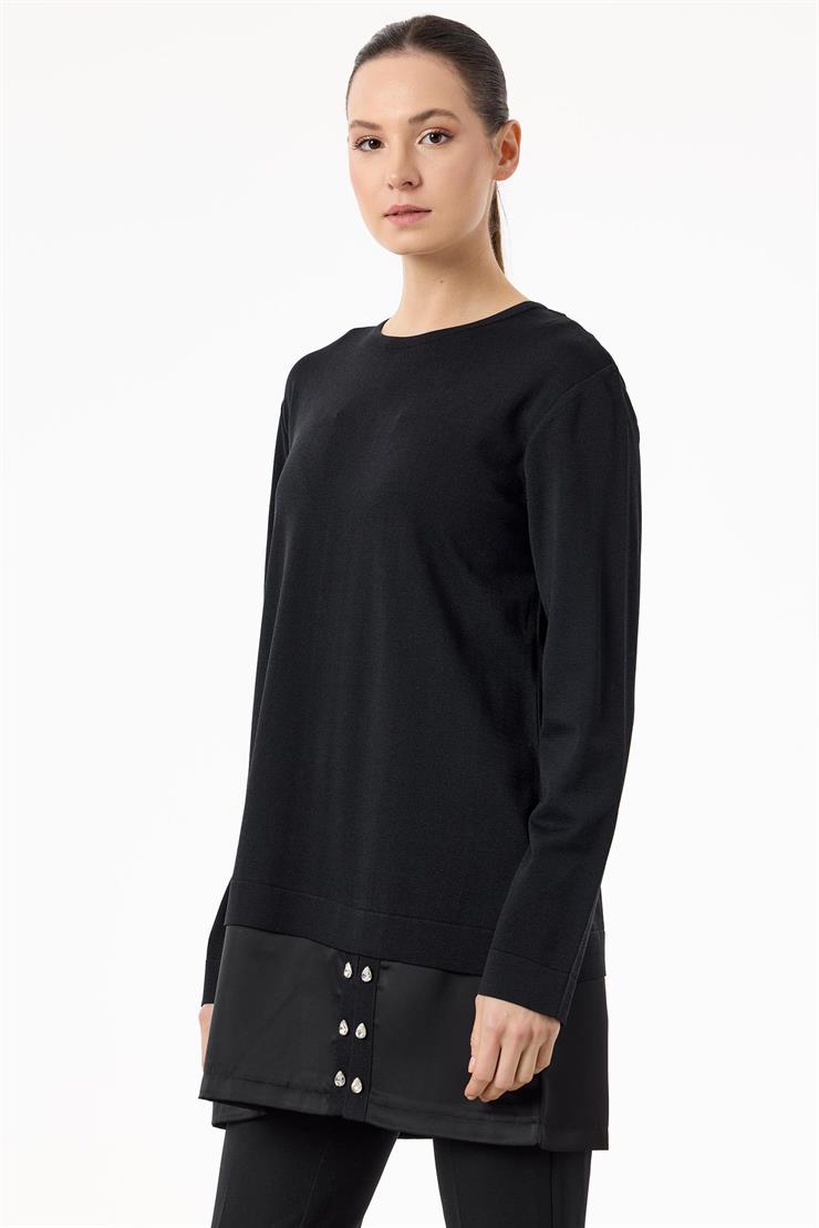 Saten Kumaş Detaylı Triko  Tunik SİYAH