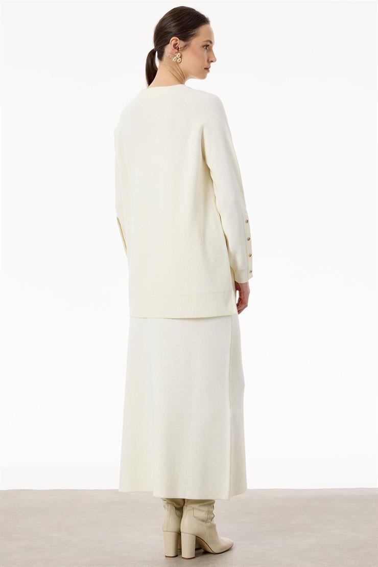 Selanik Örgülü Kolları Düğmeli Takım EKRU