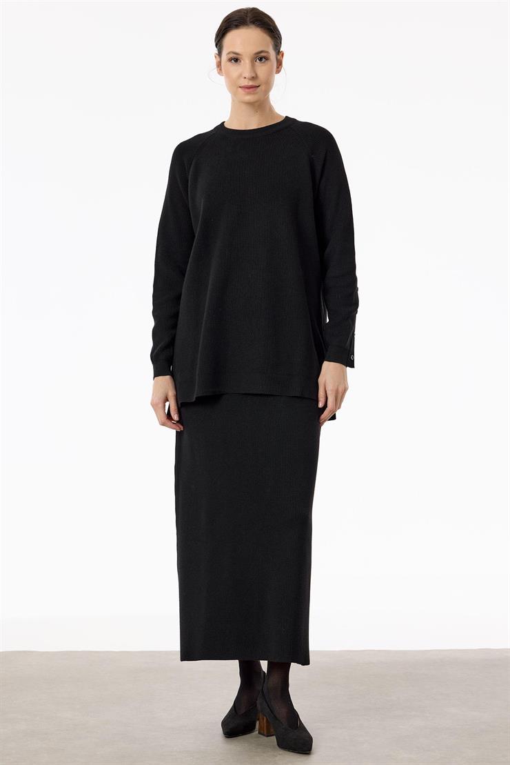 Selanik Örgülü Kolları Düğmeli Takım SİYAH