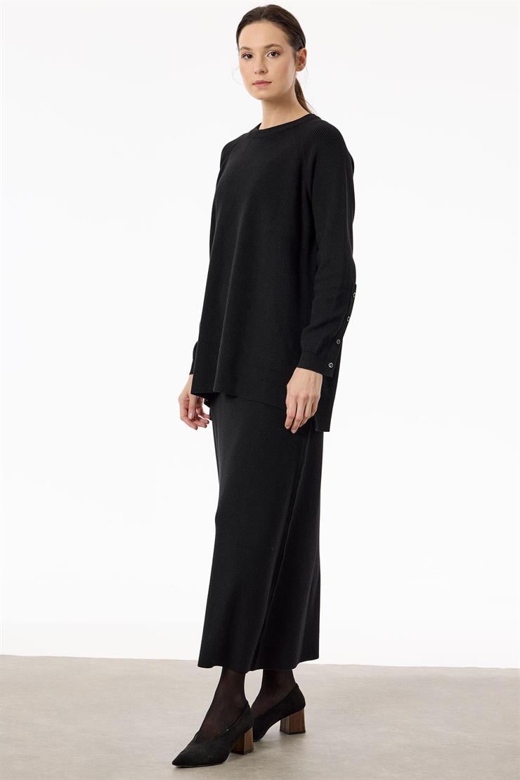 Selanik Örgülü Kolları Düğmeli Takım SİYAH