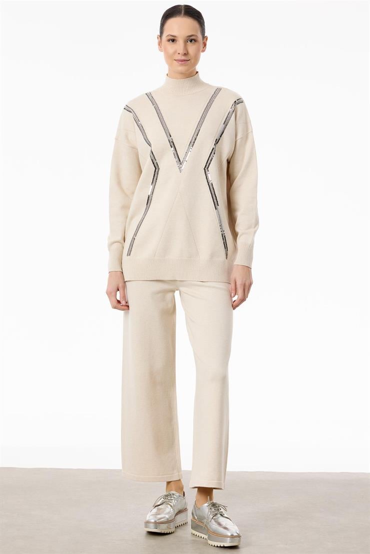 Şerit Payet Detaylı Pantolonlu Triko takım BEJ