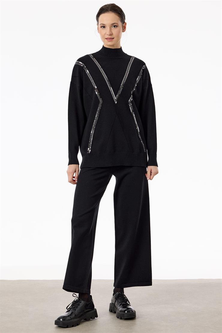 Şerit Payet Detaylı Pantolonlu Triko takım SİYAH
