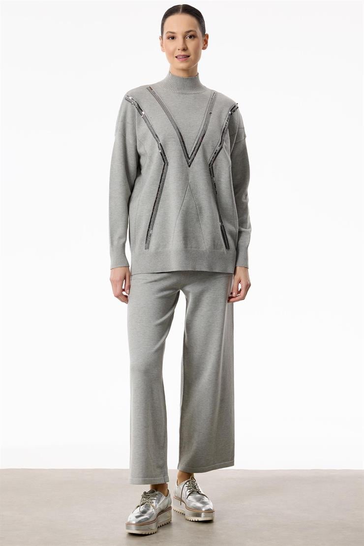 Şerit Payet Detaylı Pantolonlu Triko takım GRİ