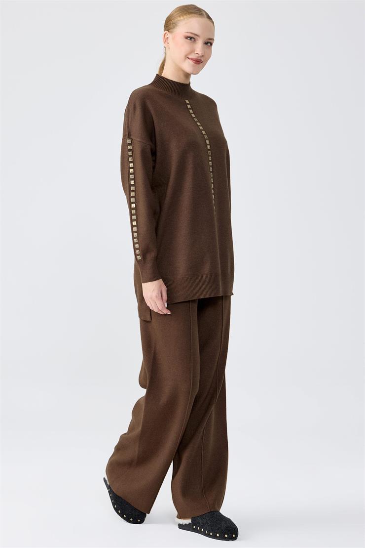 Şerit Taş İşlemeli Tunik Pantolon Takım KAHVE