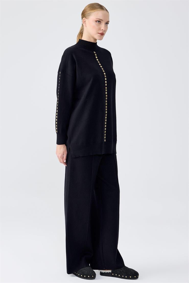 Şerit Taş İşlemeli Tunik Pantolon Takım SİYAH