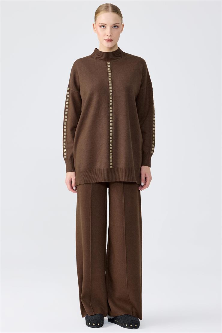 Şerit Taş İşlemeli Tunik Pantolon Takım KAHVE