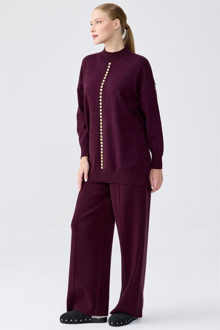 Şerit Taş İşlemeli Tunik Pantolon Takım MÜRDÜM