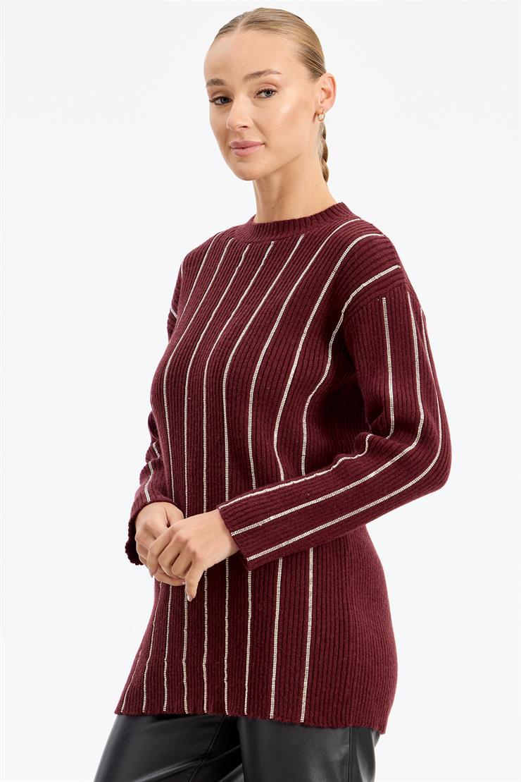 Şerit Taş Yapıştırmalı Fitilli Tunik BORDO