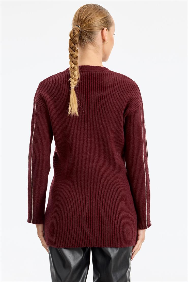 Şerit Taş Yapıştırmalı Fitilli Tunik BORDO