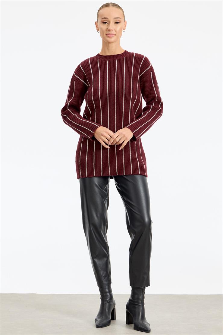 Şerit Taş Yapıştırmalı Fitilli Tunik BORDO