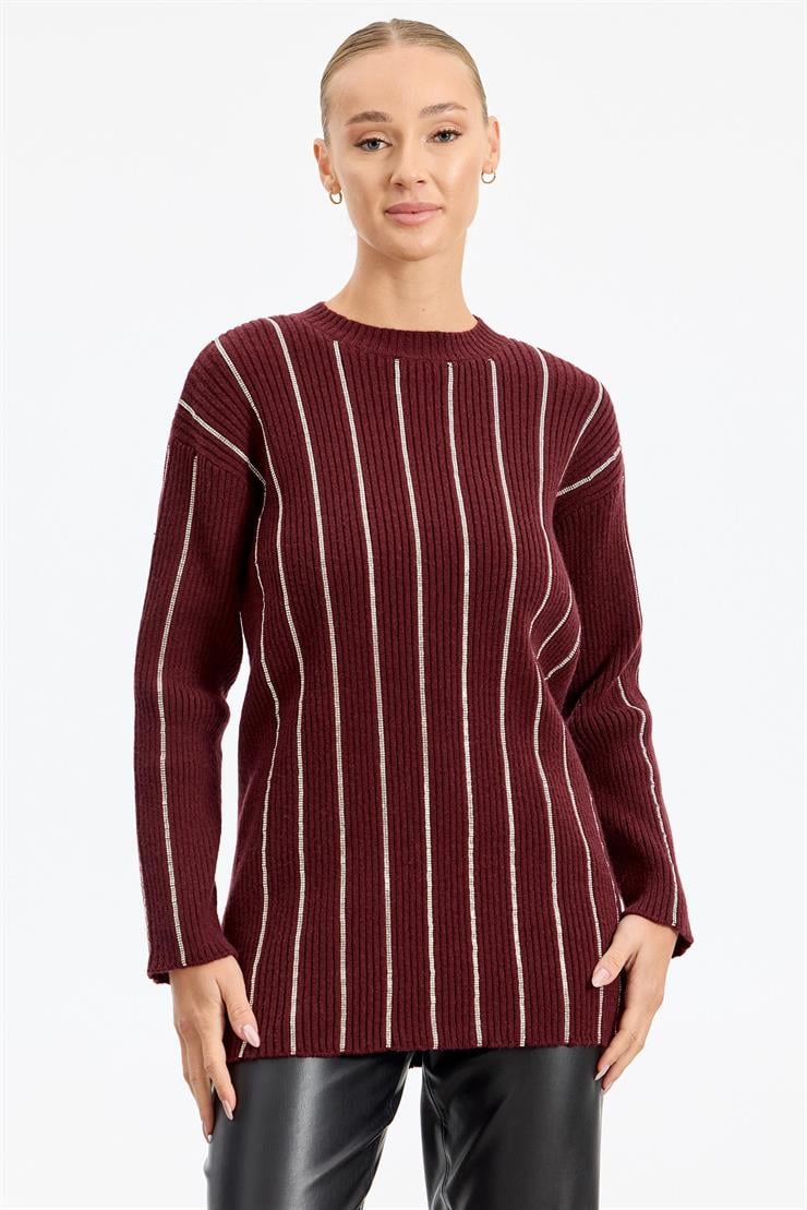 Şerit Taş Yapıştırmalı Fitilli Tunik BORDO