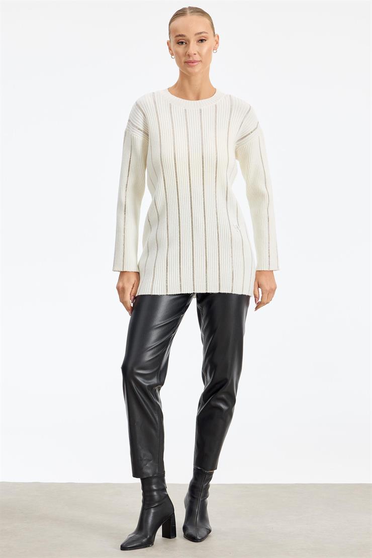 Şerit Taş Yapıştırmalı Fitilli Tunik EKRU