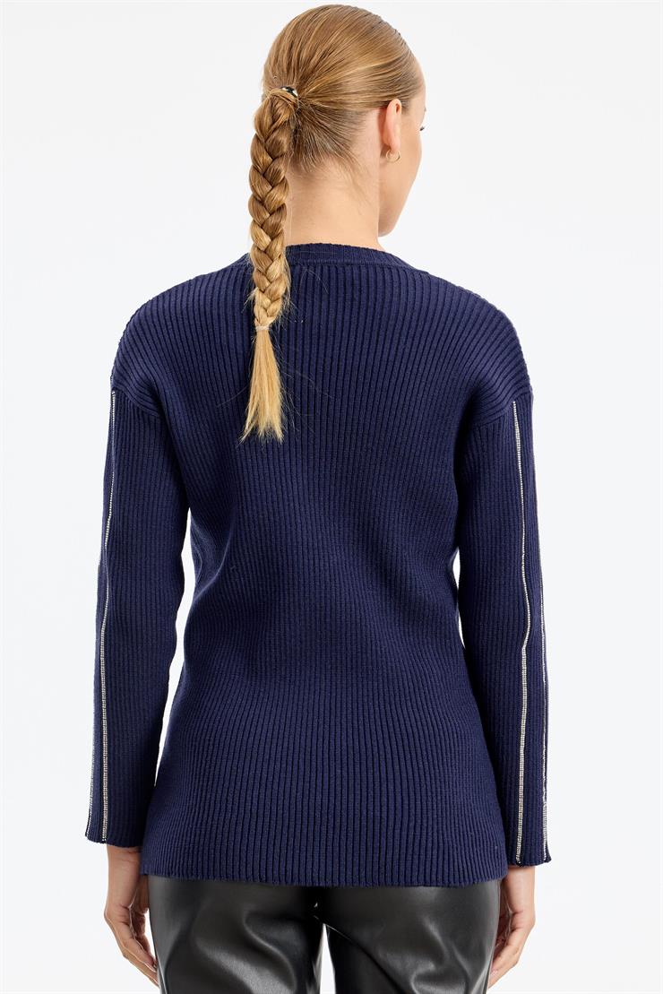 Şerit Taş Yapıştırmalı Fitilli Tunik LACİVERT