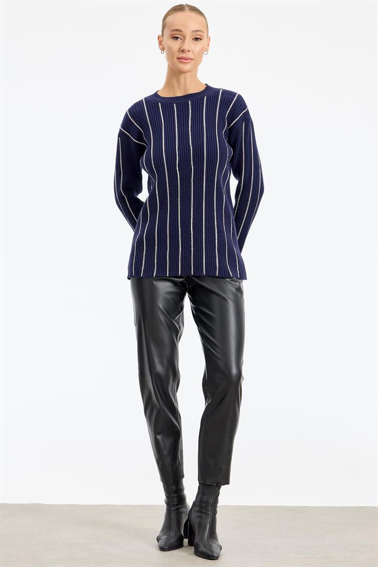 Şerit Taş Yapıştırmalı Fitilli Tunik LACİVERT