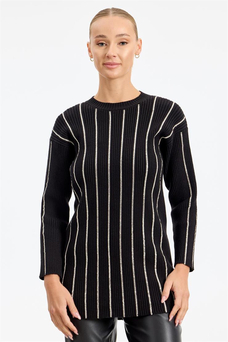 Şerit Taş Yapıştırmalı Fitilli Tunik SİYAH