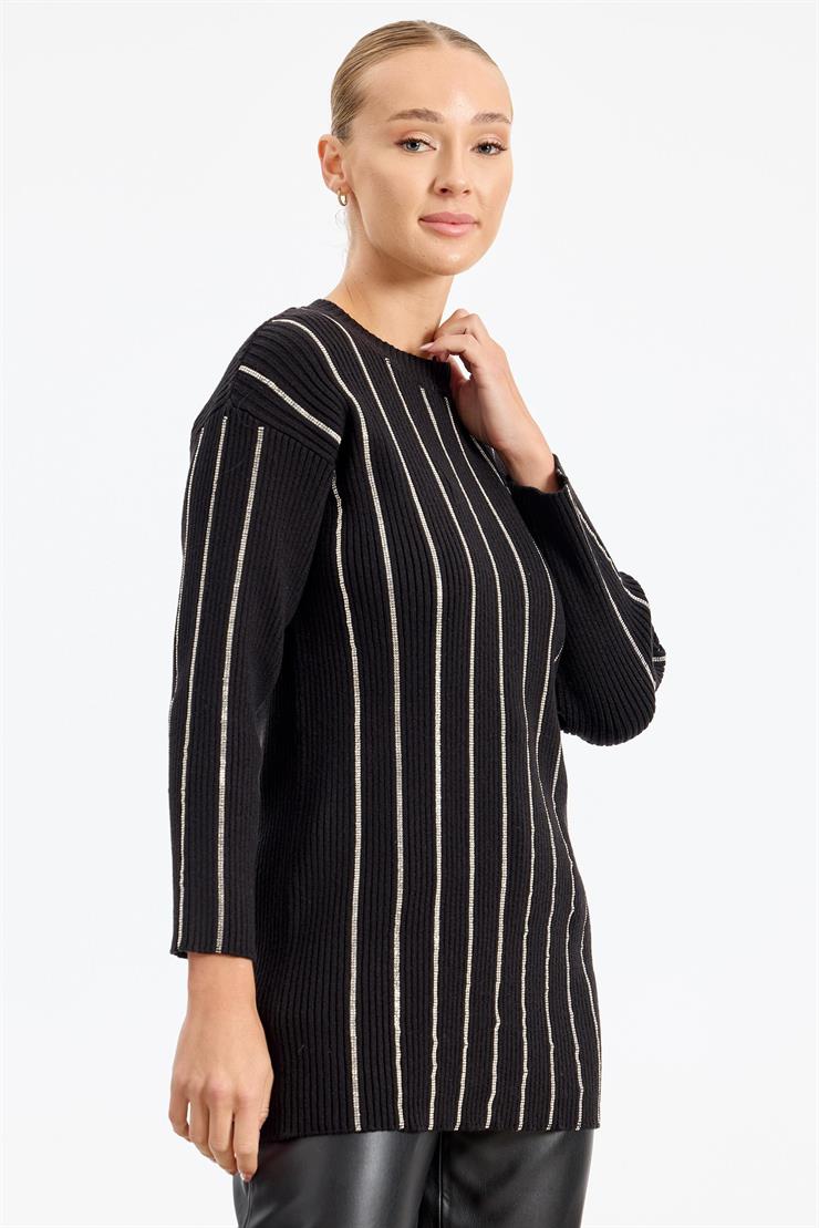 Şerit Taş Yapıştırmalı Fitilli Tunik SİYAH