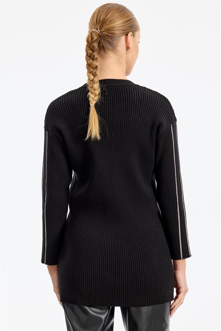 Şerit Taş Yapıştırmalı Fitilli Tunik SİYAH
